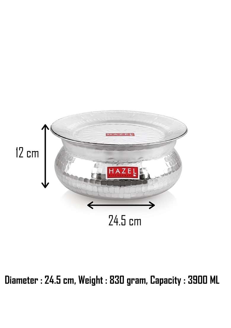 HAZEL Aluminium Hammered Finish Handi with Lid Biryani Rice Cooking Pot GOL Patiya | 3900 ml | 131.9 fl oz | 24.5 cm | 9.6 Inch - Indya