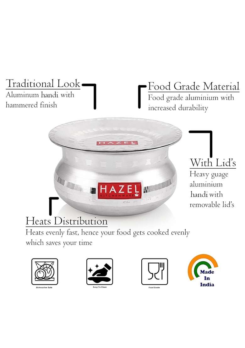 HAZEL Aluminium Handi with Lid Machine Hammered Finish Biryani Rice Cooking Pot GOL | 1.2 L | 1.3 Qt | 15.5 cm | 6.1 Inch - Indya