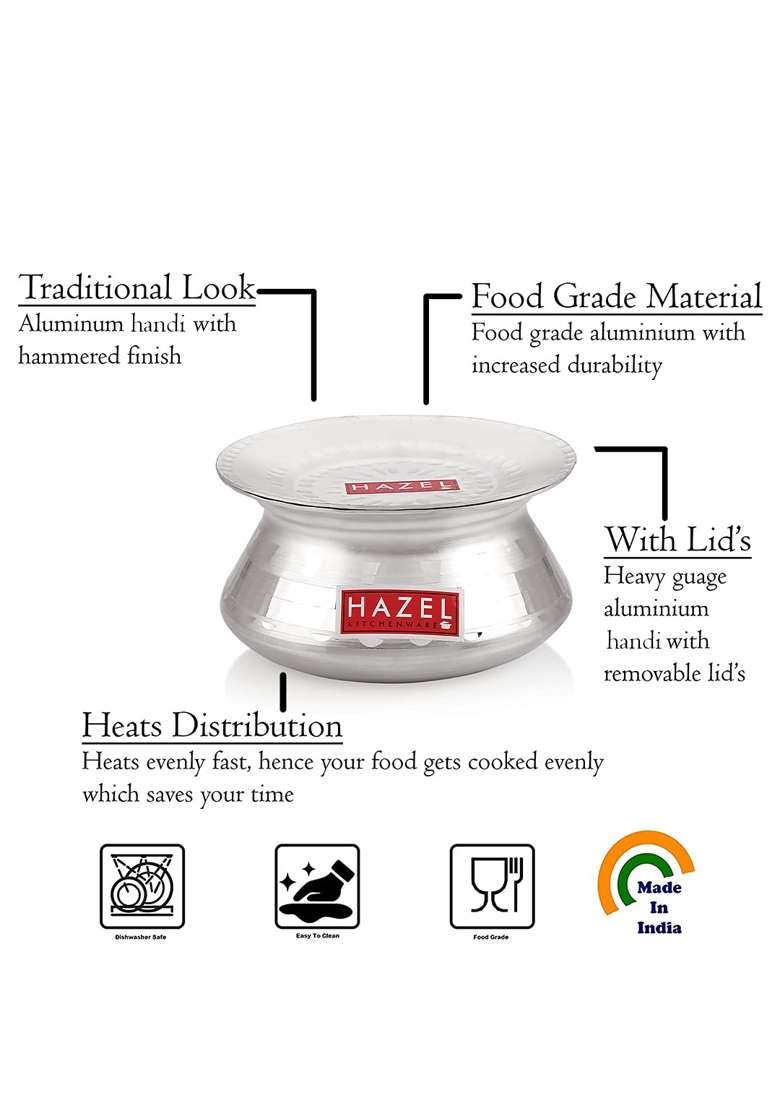 HAZEL Aluminium Handi with Lid Machine Hammered Finish Biryani Rice Cooking Pot Dhari | 1.2 L | 1.3 Qt | 17 cm | 6.7 Inch - Indya