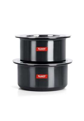 Sumeet Thick Hard Aluminium Black Anodized Large Size Tope Cooking Pot Pc with S. S. Lid | 5 L | 5.3 Qt | 2-Piece Set