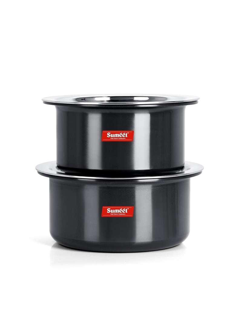 Sumeet Thick Hard Aluminium Black Anodized Large Size Tope Cooking Pot Pc with S. S. Lid | 5 L | 5.3 Qt | 2-Piece Set - Indya