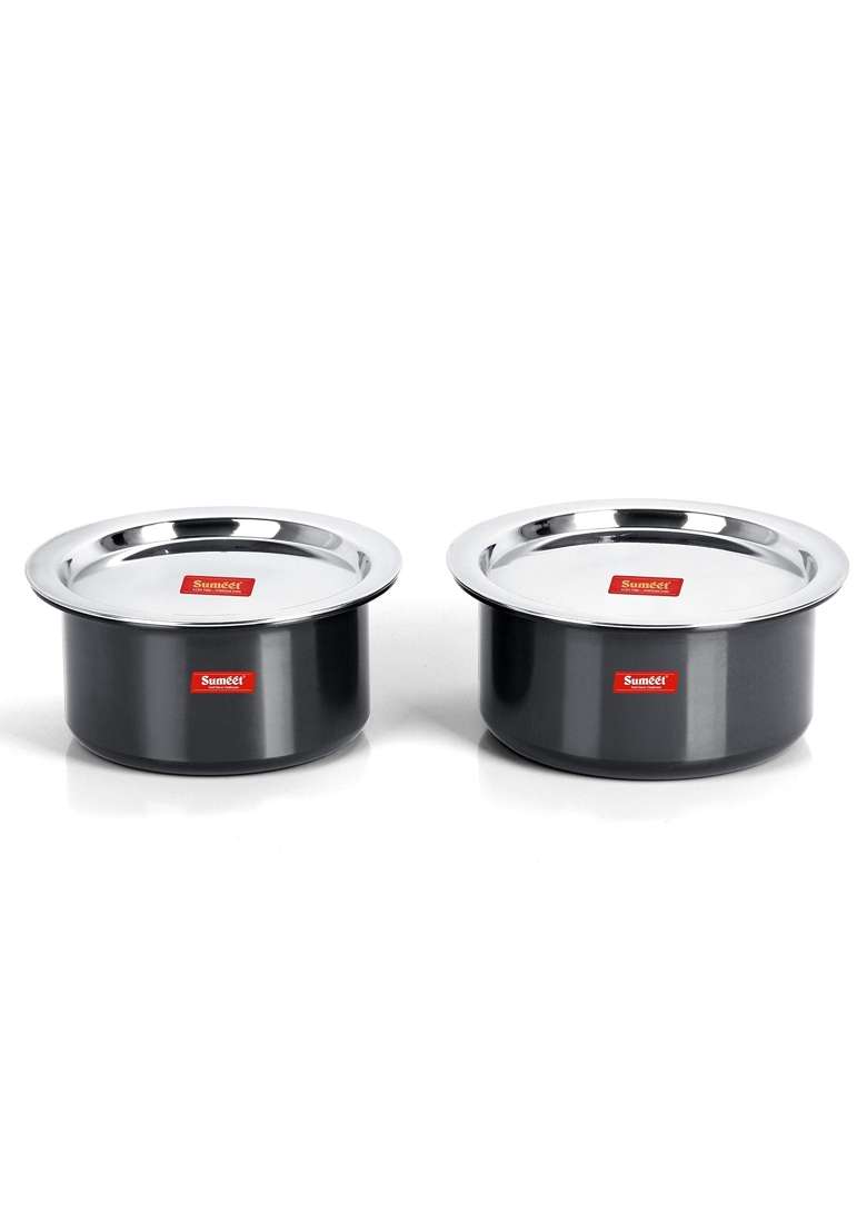 Sumeet Thick Hard Aluminium Black Anodized Large Size Tope Cooking Pot Pc with S. S. Lid | 5 L | 5.3 Qt | 2-Piece Set - Indya