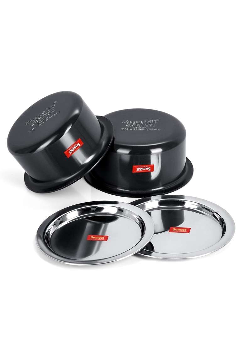 Sumeet Thick Hard Aluminium Black Anodized Large Size Tope Cooking Pot Pc with S. S. Lid | 5 L | 5.3 Qt | 2-Piece Set - Indya
