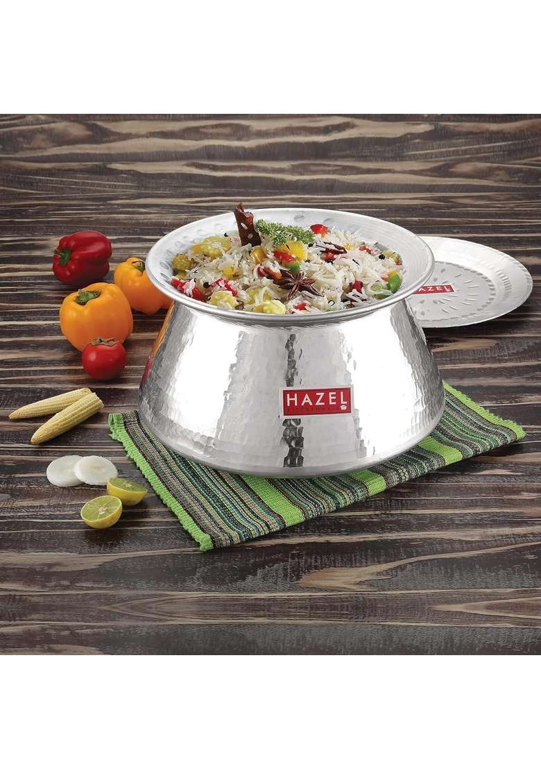 HAZEL Aluminium Handi with Lid | 7200 ml | 243.5 fl oz | 26 cm | 10.2 Inch | Hammered Finish - Indya