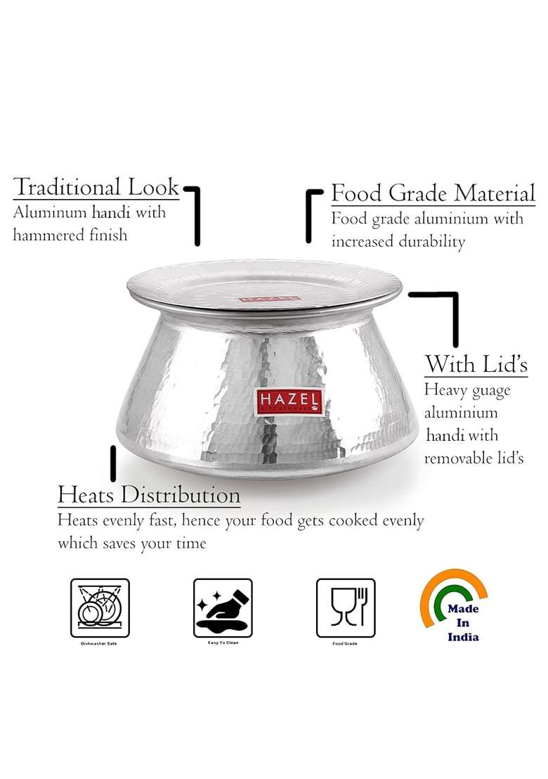 HAZEL Aluminium Handi with Lid | 7200 ml | 243.5 fl oz | 26 cm | 10.2 Inch | Hammered Finish - Indya