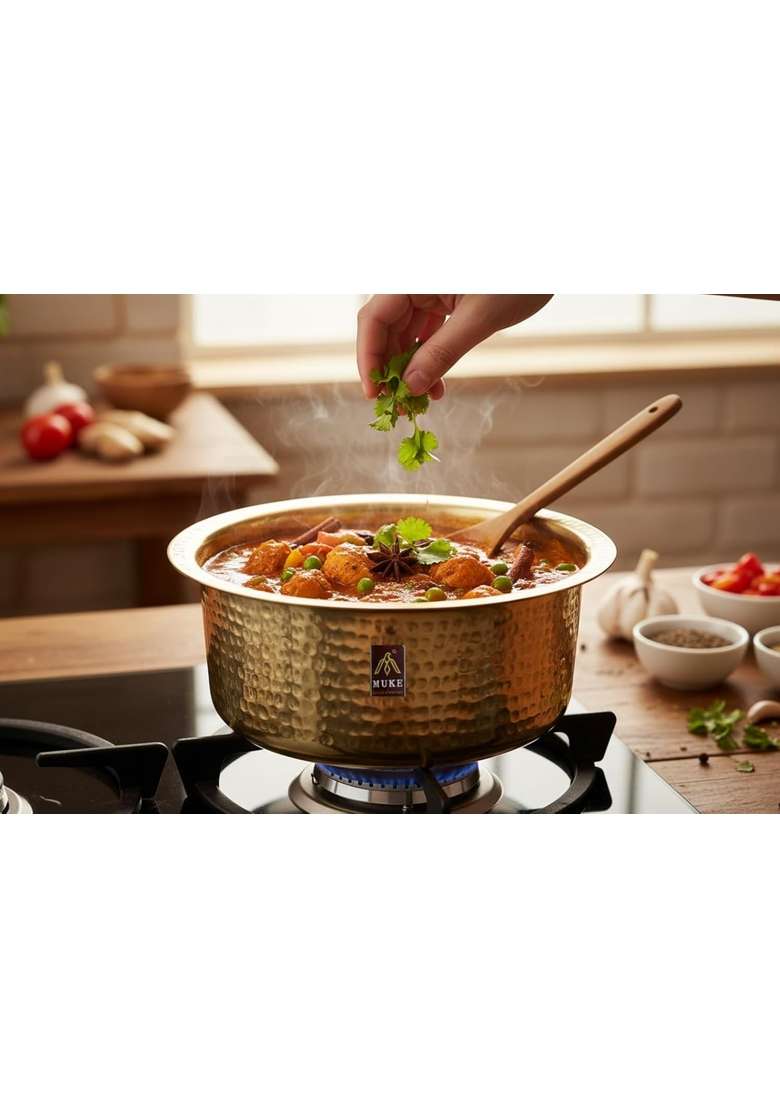 MUKE Brass Hammered Patila Cooking Pot Tope Cookware | 3.5 L | 3.7 Qt | Heavy Bottom | Handcrafted - Indya