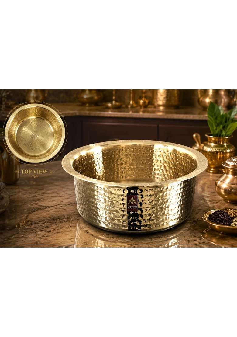 MUKE Brass Hammered Patila Cooking Pot Tope Cookware | 3.5 L | 3.7 Qt | Heavy Bottom | Handcrafted - Indya