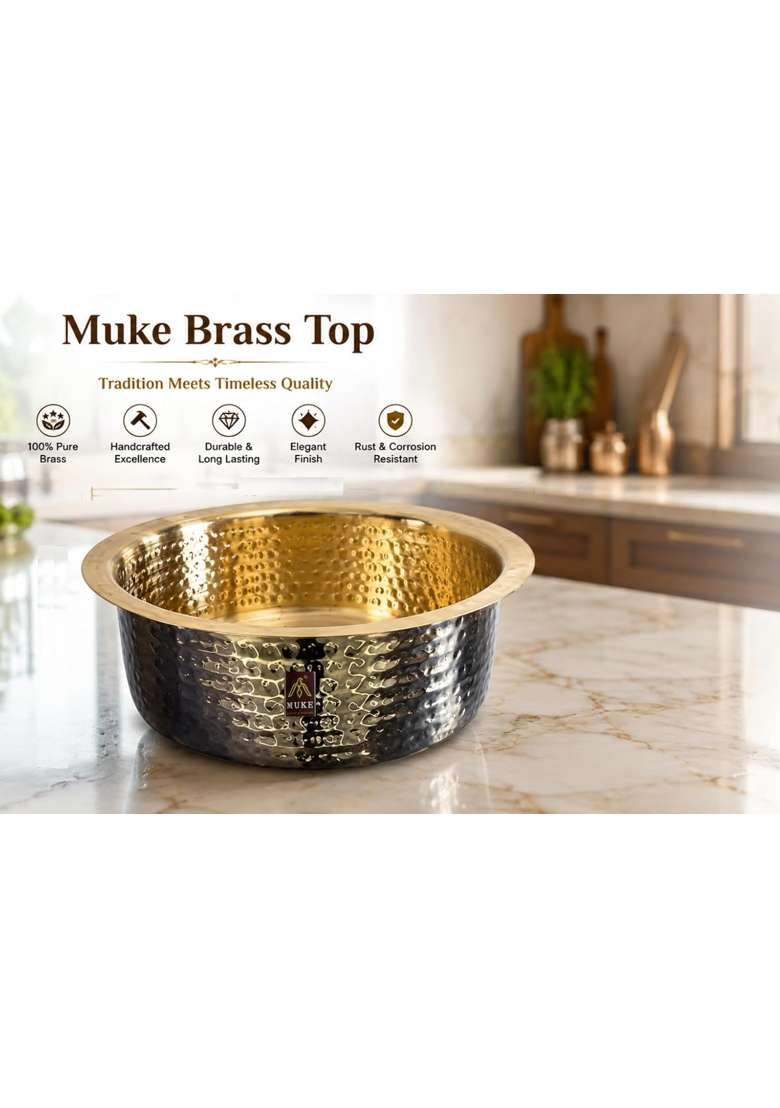 MUKE Brass Hammered Patila Cooking Pot Tope Cookware | 3.5 L | 3.7 Qt | Heavy Bottom | Handcrafted - Indya
