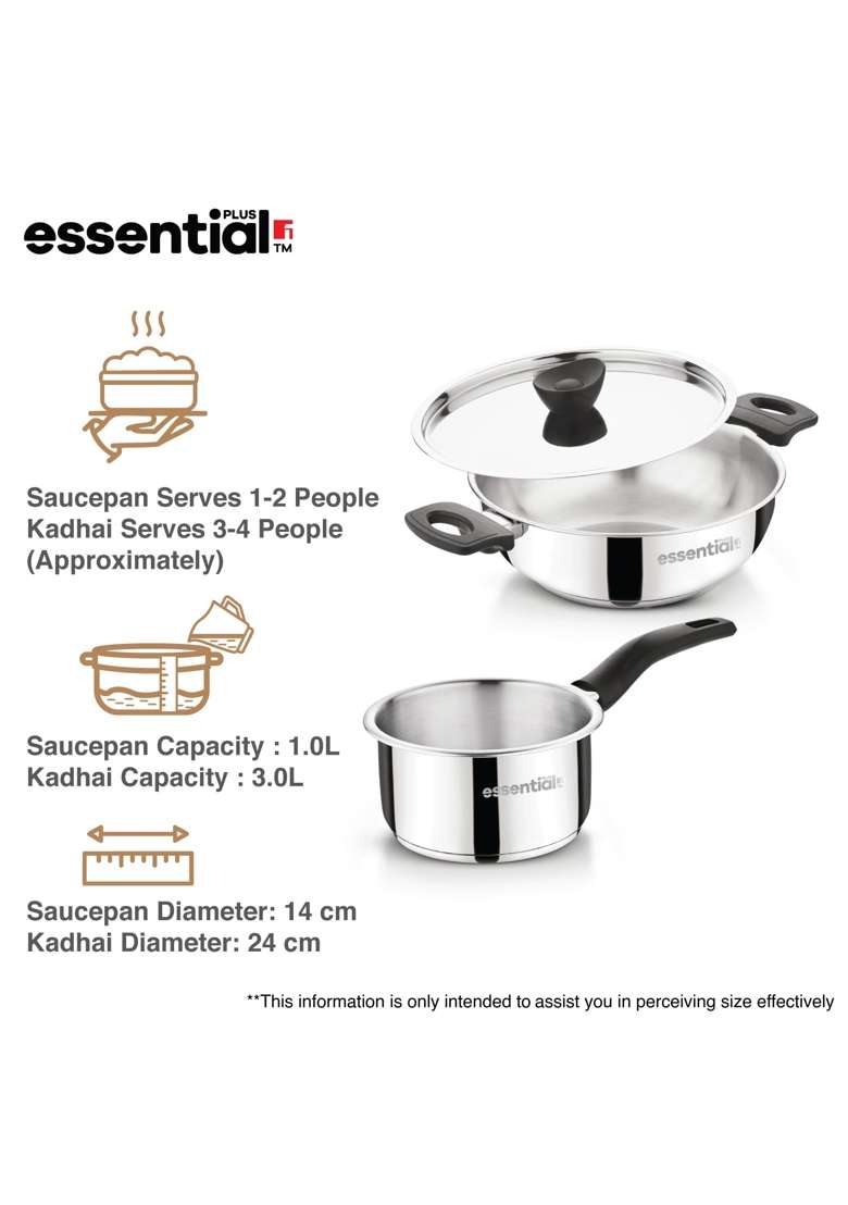 BERGNER Essential Plus Stainless Steel Cookware Set | 1 L | 1.1 Qt | 14 cm | 5.5 Inch | 3-Piece Set | Induction Compatible | With Lid - Indya