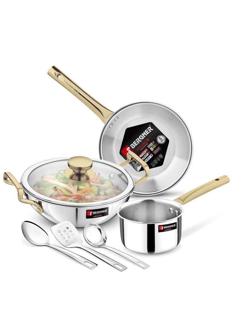 BERGNER TriPro Triply Stainless Steel Induction Bottom Cookware Set with PVD Coated | 2 L | 2.1 Qt | 22 cm | 8.7 Inch | 7-Piece Set | With Lid - Indya