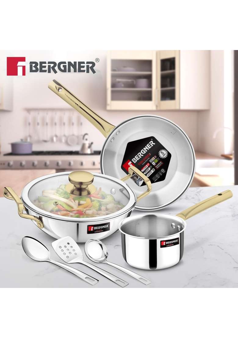 BERGNER TriPro Triply Stainless Steel Induction Bottom Cookware Set with PVD Coated | 2 L | 2.1 Qt | 22 cm | 8.7 Inch | 7-Piece Set | With Lid - Indya