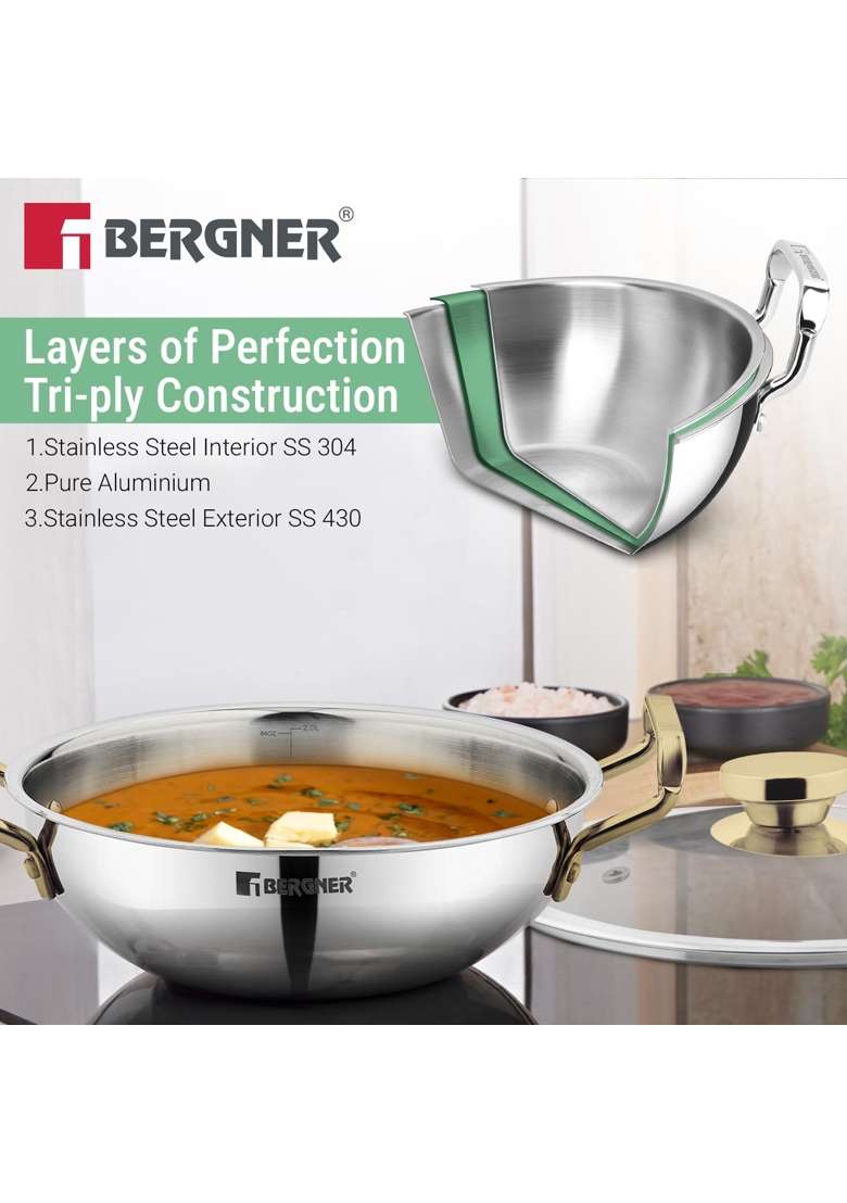 BERGNER TriPro Triply Stainless Steel Induction Bottom Cookware Set with PVD Coated | 2 L | 2.1 Qt | 22 cm | 8.7 Inch | 7-Piece Set | With Lid - Indya