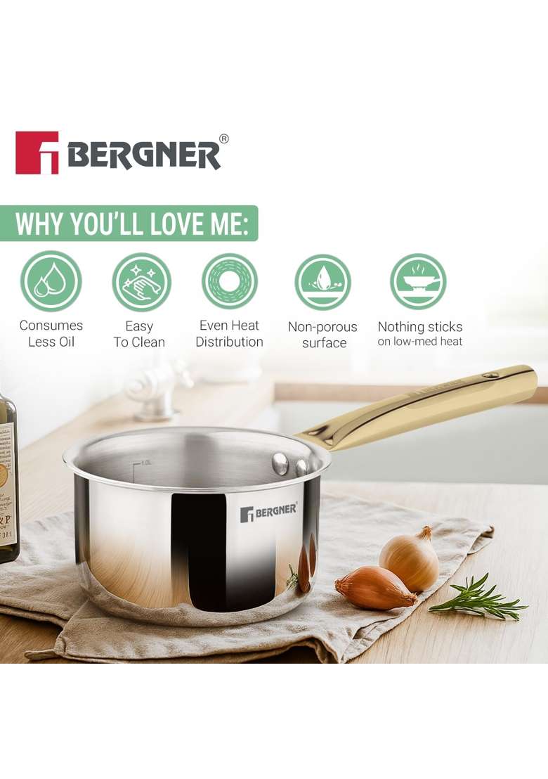 BERGNER TriPro Triply Stainless Steel Induction Bottom Cookware Set with PVD Coated | 2 L | 2.1 Qt | 22 cm | 8.7 Inch | 7-Piece Set | With Lid - Indya