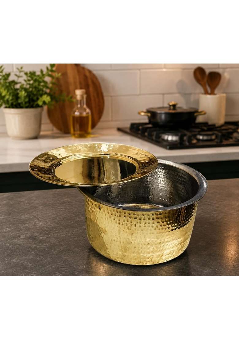 SHAAN mfg. Shaan Mfg Authentic Brass Handi Cooking Pot for Cooking | 1.25 L | 1.3 Qt | Tin Lined Kalai | Hammered Finish | With Lid - Indya