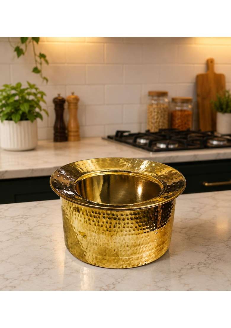 SHAAN mfg. Shaan Mfg Authentic Brass Handi Cooking Pot for Cooking | 1.25 L | 1.3 Qt | Tin Lined Kalai | Hammered Finish | With Lid - Indya