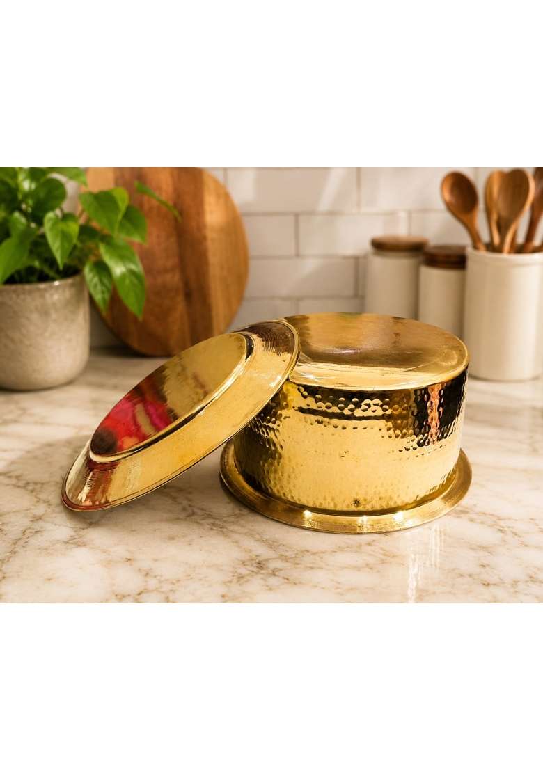 SHAAN mfg. Shaan Mfg Authentic Brass Handi Cooking Pot for Cooking | 1.25 L | 1.3 Qt | Tin Lined Kalai | Hammered Finish | With Lid - Indya