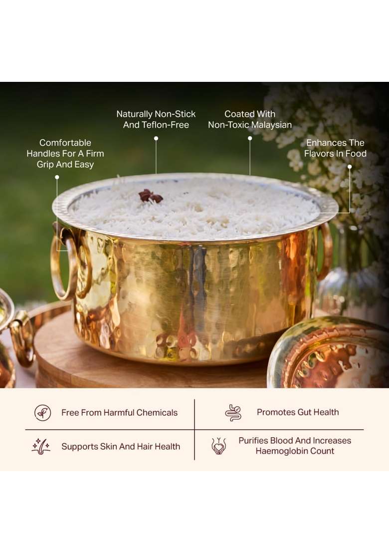 P-TAL P TAL Brass Patila Cooking Pot | 1 L | 1.1 Qt | 3-Piece Set | Tin Lined Kalai | Non-Stick | With Lid - Indya