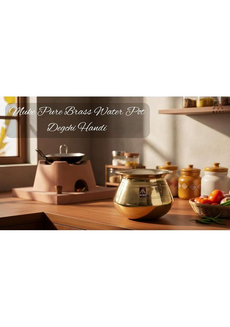 MUKE Pure Brass Water Pot Degchi Handi Brass Cooking Pot Vessel Heavy Quality | 2.5 L | 2.6 Qt - Indya