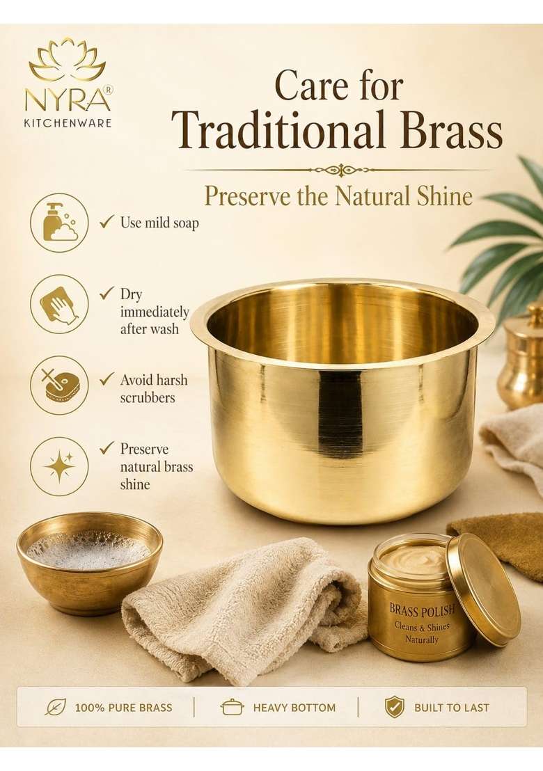 NYRA Kitchenware Pure Brass Bhagona Cooking Pot with Heavy Bottom | 4 L | 4.2 Qt - Indya