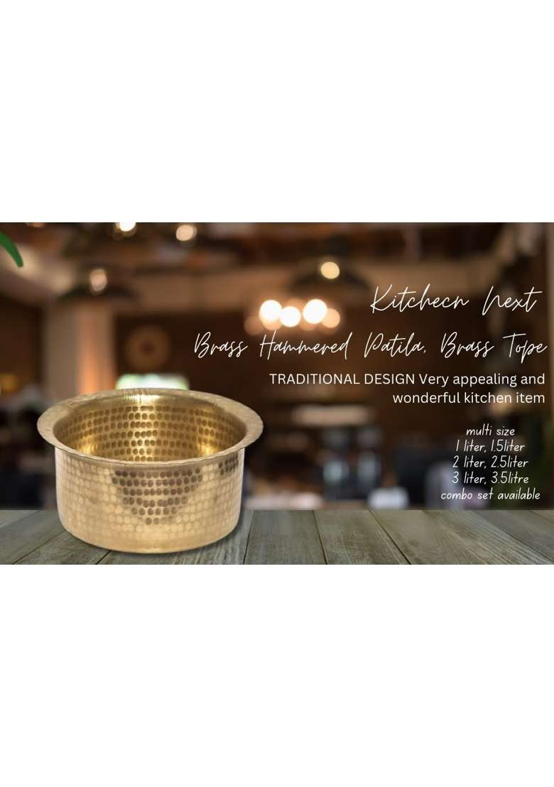 KITCHEN NEXT Brass Hammered Patila Cooking Pot | 1.5 L | 1.6 Qt | 3-Piece Set - Indya