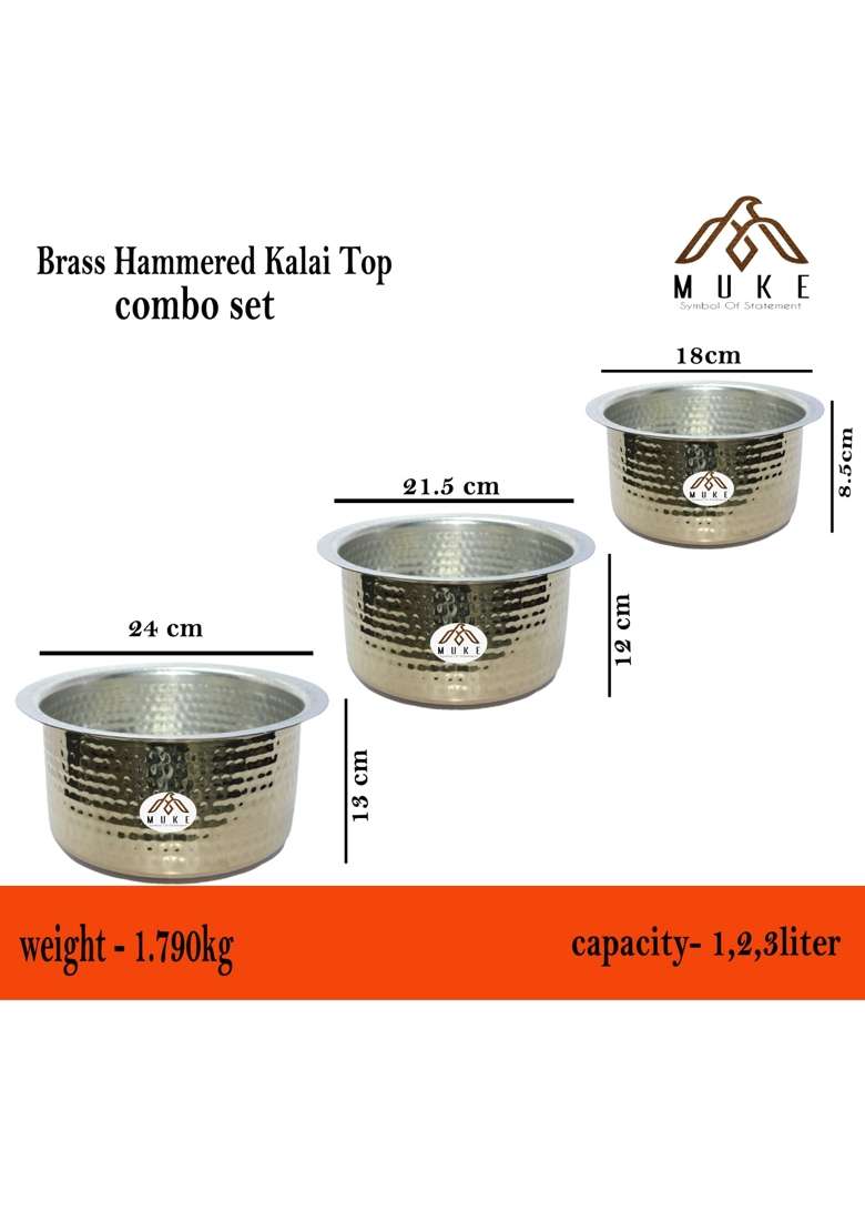 MUKE Brass Hammered Patila Cooking Pot | 3 L | 3.2 Qt | Heavy Bottom - Indya