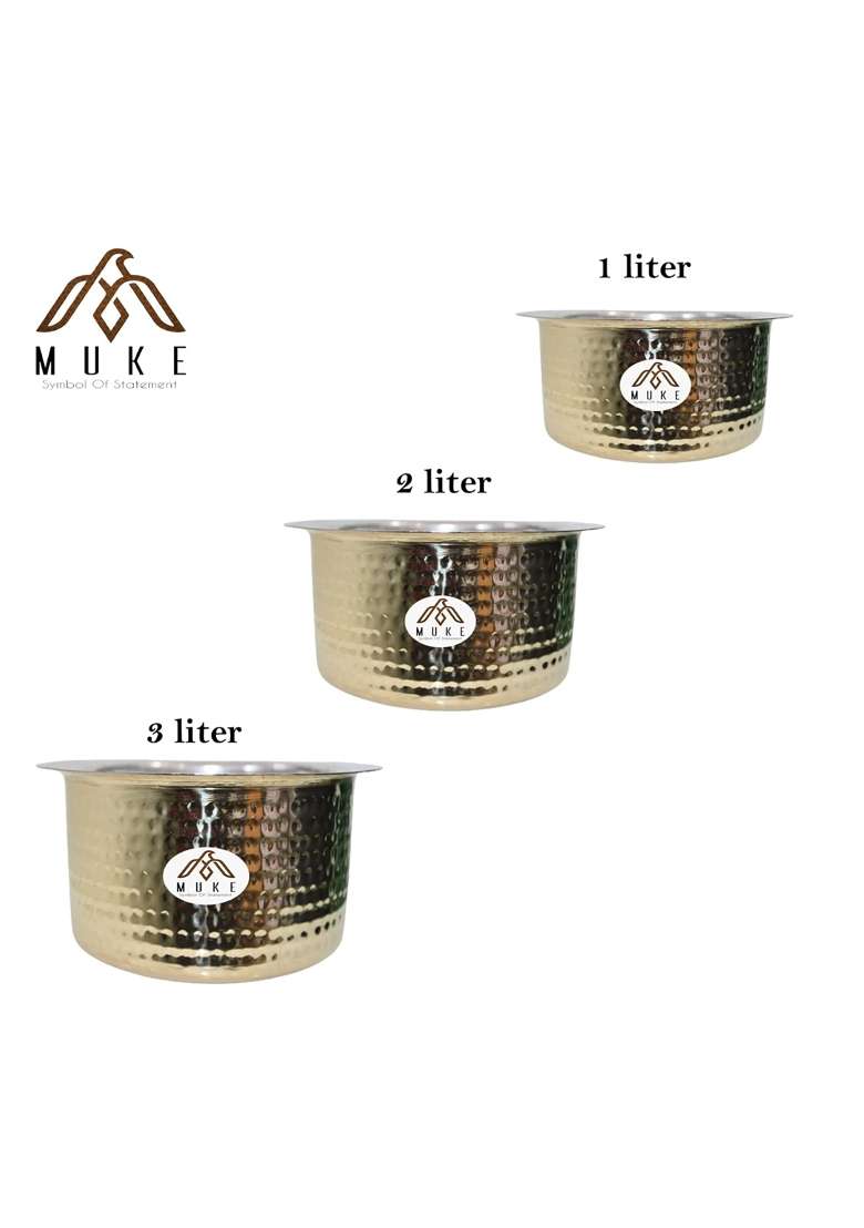 MUKE Brass Hammered Patila Cooking Pot | 3 L | 3.2 Qt | Heavy Bottom - Indya