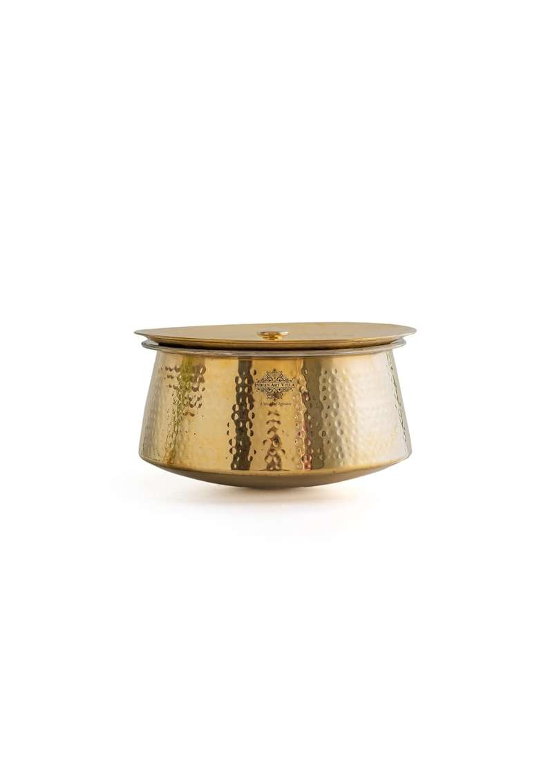 INDIAN ART VILLA Brass Hammered Patila Cooking Pot with Lid and Tin Lining | 4 L | 4.2 Qt - Indya
