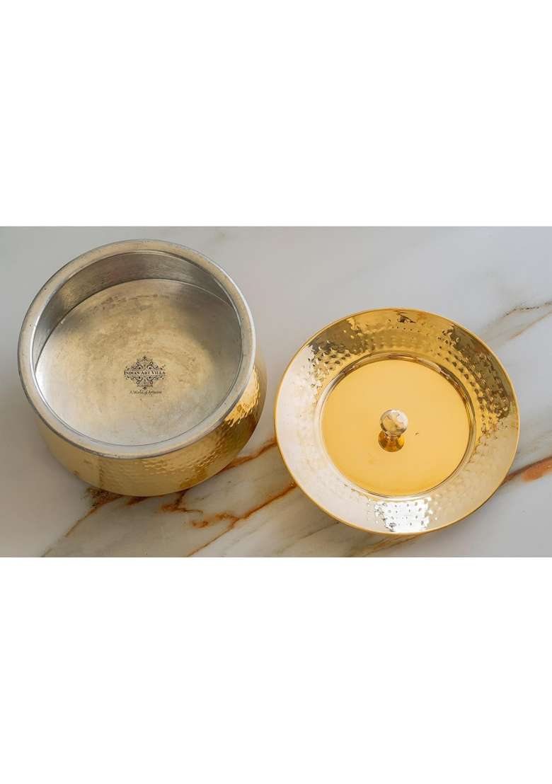 INDIAN ART VILLA Brass Hammered Patila Cooking Pot with Lid and Tin Lining | 4 L | 4.2 Qt - Indya