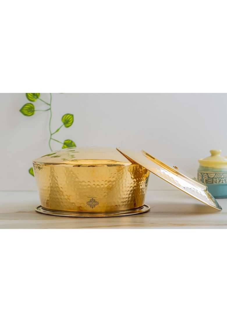 INDIAN ART VILLA Brass Hammered Patila Cooking Pot with Lid and Tin Lining | 4 L | 4.2 Qt - Indya
