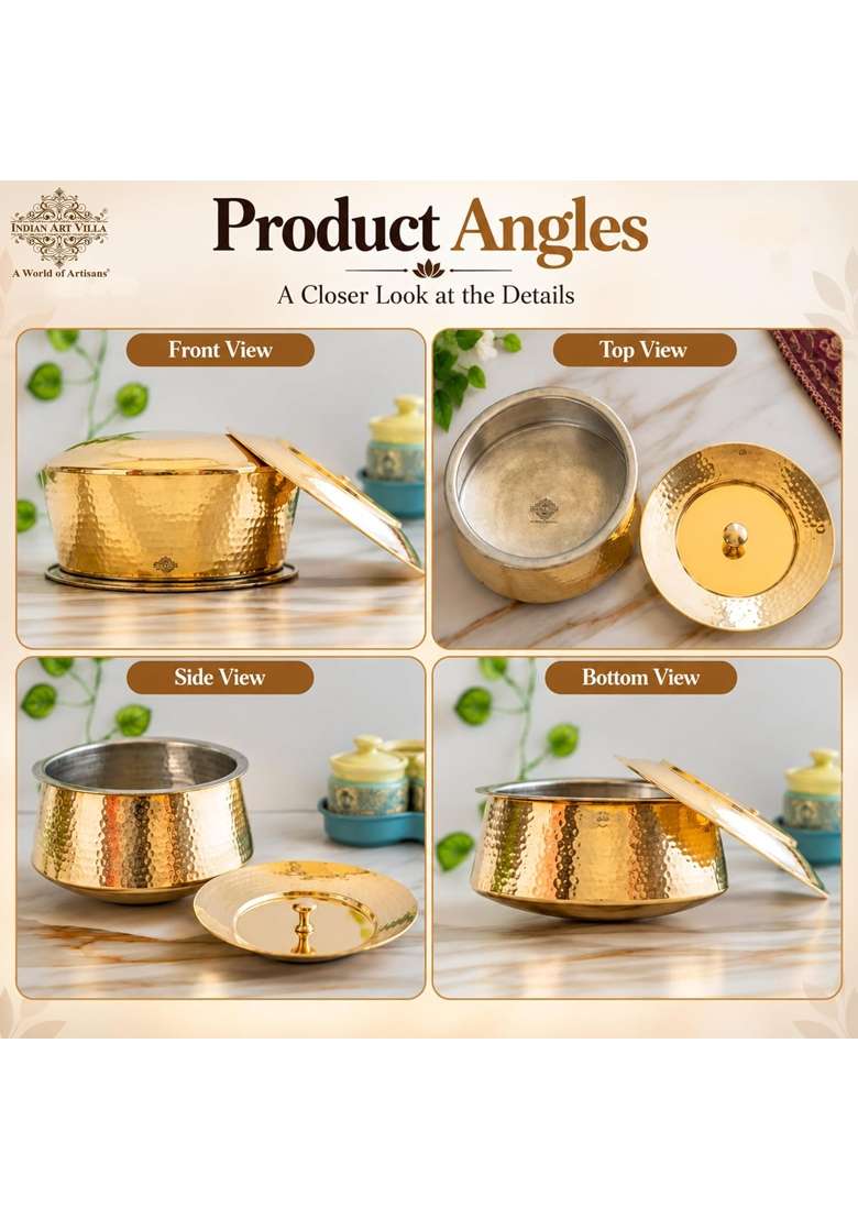 INDIAN ART VILLA Brass Hammered Patila Cooking Pot with Lid and Tin Lining | 4 L | 4.2 Qt - Indya