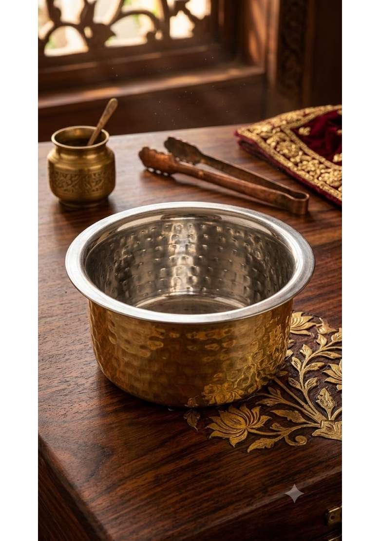 SHAAN mfg. Pure Brass Hammered Polished Patila Cooking Pot for Cooking | 3 L | 3.2 Qt | With Lid - Indya
