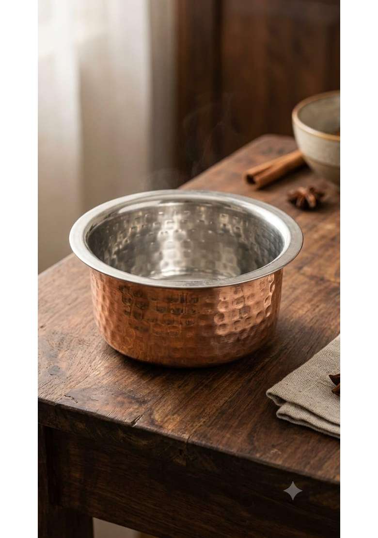 SHAAN mfg. Pure Brass Hammered Polished Patila Cooking Pot for Cooking | 3 L | 3.2 Qt | With Lid - Indya