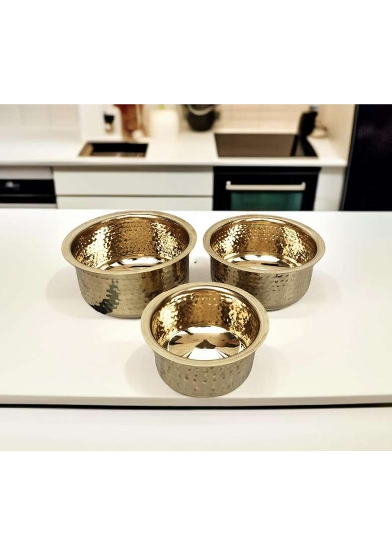 Blissful Decor Combo of 3 Pure Brass Tope Cooking Pot Bhagona Tapeli Patila for Tea Milk | 1 L | 1.1 Qt | 3-Piece Set - Indya