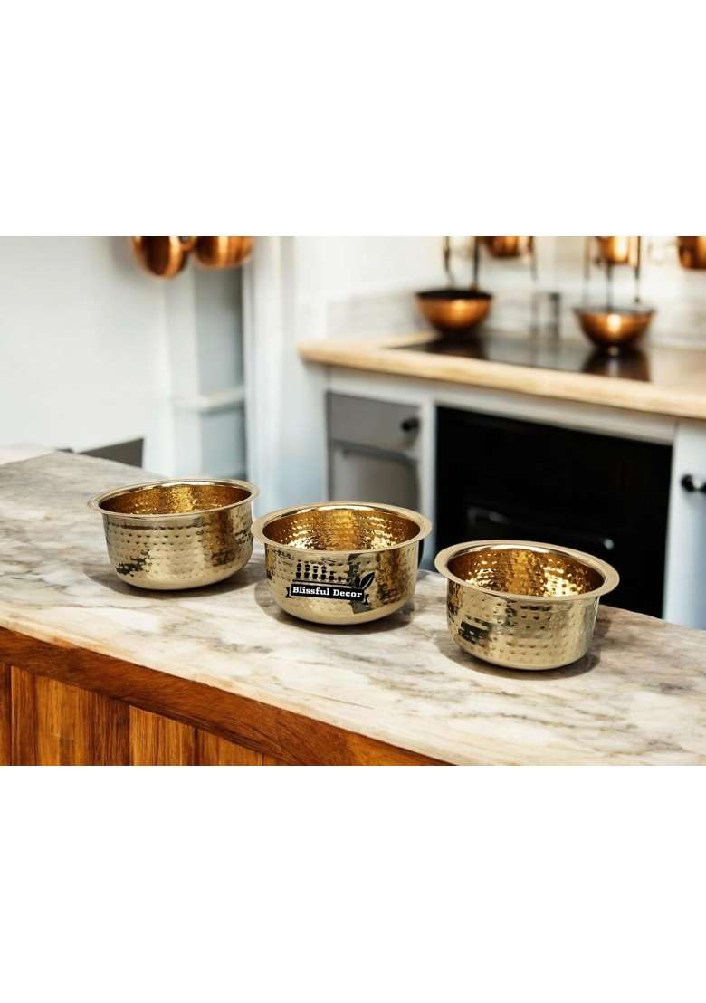 Blissful Decor Combo of 3 Pure Brass Tope Cooking Pot Bhagona Tapeli Patila for Tea Milk | 1 L | 1.1 Qt | 3-Piece Set - Indya
