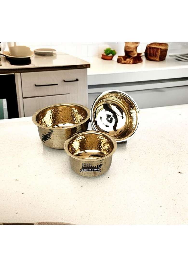 Blissful Decor Combo of 3 Pure Brass Tope Cooking Pot Bhagona Tapeli Patila for Tea Milk | 1 L | 1.1 Qt | 3-Piece Set - Indya
