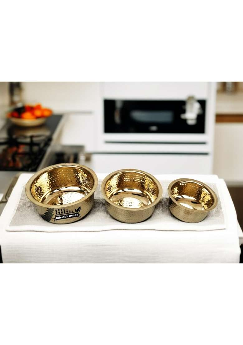 Blissful Decor Combo of 3 Pure Brass Tope Cooking Pot Bhagona Tapeli Patila for Tea Milk | 1 L | 1.1 Qt | 3-Piece Set - Indya