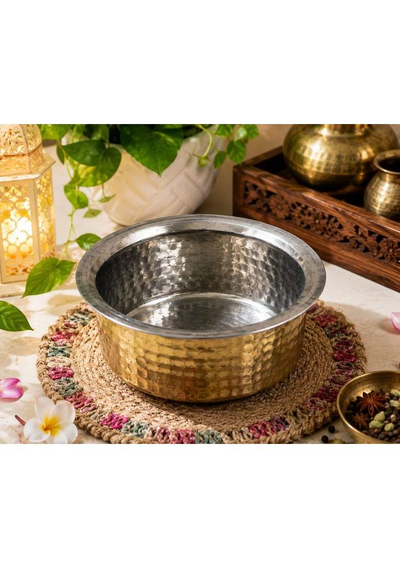 SHAAN mfg. Pure Brass Patila Cooking Pot for Cooking | 0.7 L | 0.7 Qt | 5-Piece Set | Hammered Finish - Indya