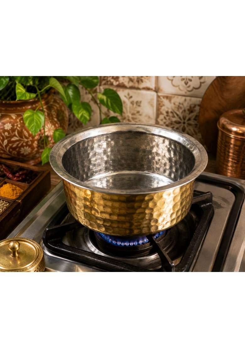 SHAAN mfg. Pure Brass Patila Cooking Pot for Cooking | 0.7 L | 0.7 Qt | 5-Piece Set | Hammered Finish - Indya
