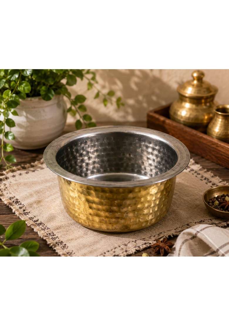 SHAAN mfg. Pure Brass Hammered Polished Patila Cooking Pot for Cooking | 5 L | 5.3 Qt | With Lid - Indya