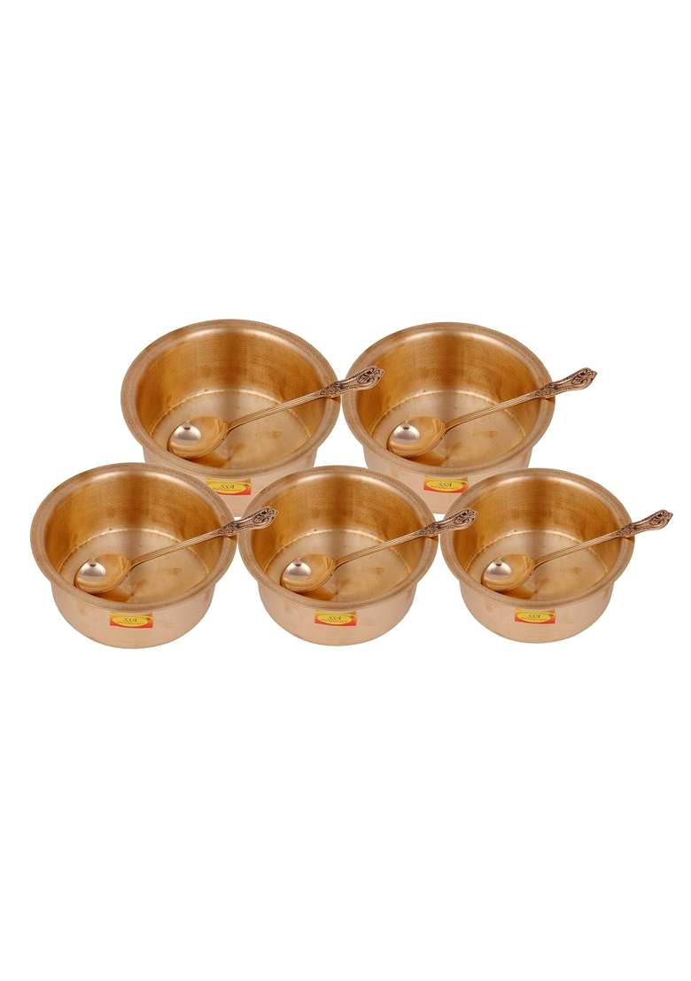 SHIV SHAKTI ARTS 100 Pure Brass Bhagoni Set Patila Cooking Pot Set Tope with Spoon | 1.5 L | 1.6 Qt | 5-Piece Set - Indya