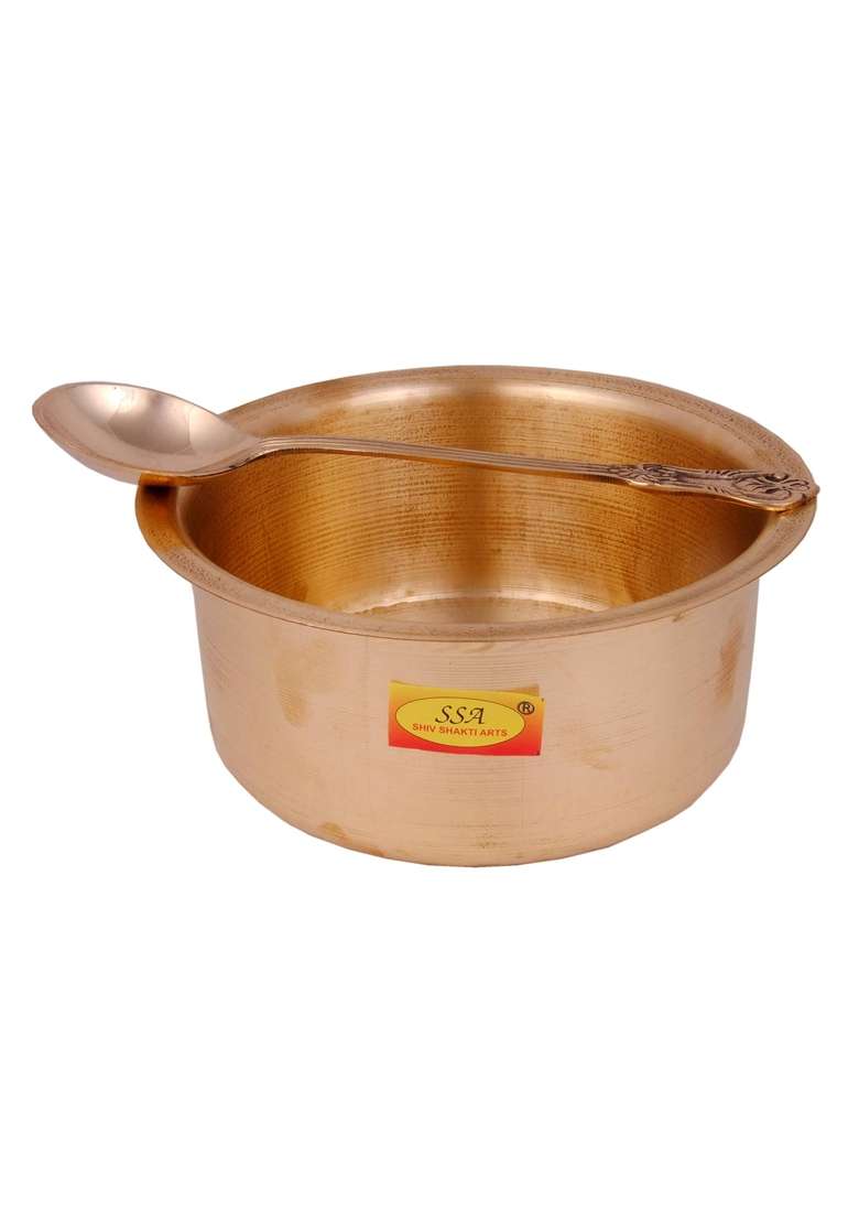 SHIV SHAKTI ARTS 100 Pure Brass Bhagoni Set Patila Cooking Pot Set Tope with Spoon | 1.5 L | 1.6 Qt | 5-Piece Set - Indya