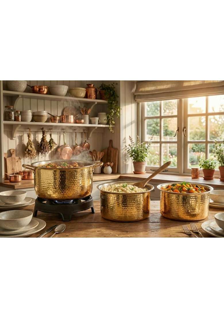 SHIV HOME WORLD Pure Brass Hammered Polished Patila Cooking Pot for Cooking | 1.2 L | 1.3 Qt | 10 cm | 3.9 Inch - Indya