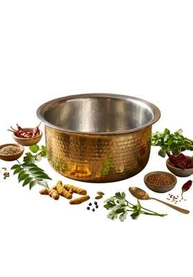 NYRA Kitchenware Pure Brass Kalai Coated Bhagona Cooking Pot with Heavy Bottom | 1.5 L | 1.6 Qt | Hammered Finish