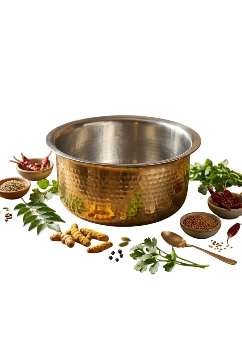 NYRA Kitchenware Pure Brass Kalai Coated Bhagona Cooking Pot with Heavy Bottom | 1.5 L | 1.6 Qt | Hammered Finish - Indya
