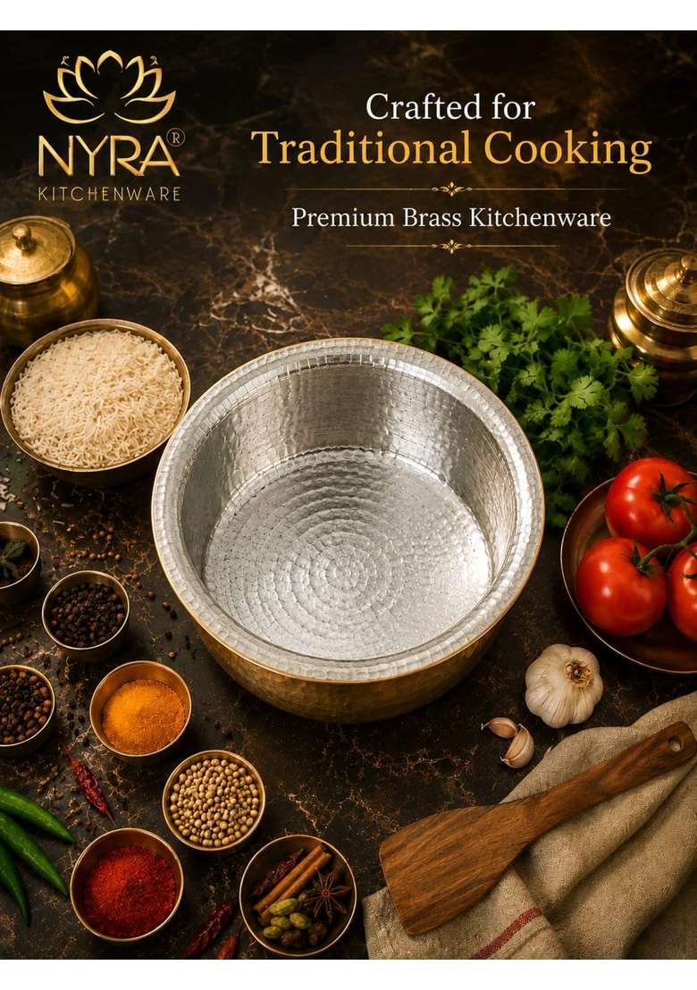 NYRA Kitchenware Pure Brass Kalai Coated Bhagona Cooking Pot with Heavy Bottom | 1.5 L | 1.6 Qt | Hammered Finish - Indya
