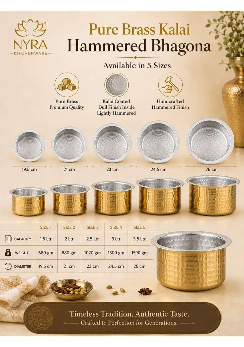 NYRA Kitchenware Pure Brass Kalai Coated Bhagona Cooking Pot with Heavy Bottom | 2 L | 2.1 Qt | Hammered Finish - Indya
