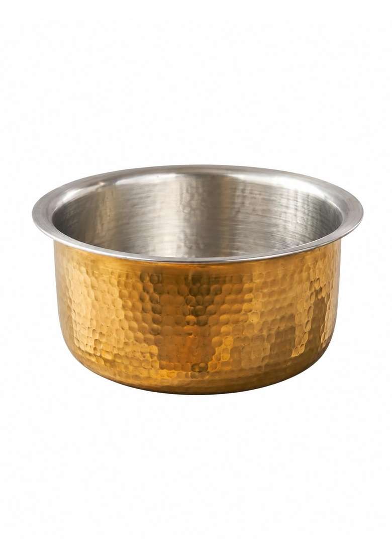 NYRA Kitchenware Pure Brass Kalai Coated Bhagona Cooking Pot with Heavy Bottom | 3.5 L | 3.7 Qt | Hammered Finish - Indya