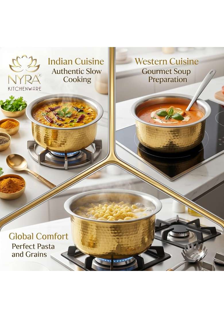 NYRA Kitchenware Pure Brass Kalai Coated Bhagona Cooking Pot with Heavy Bottom | 3 L | 3.2 Qt | Hammered Finish - Indya