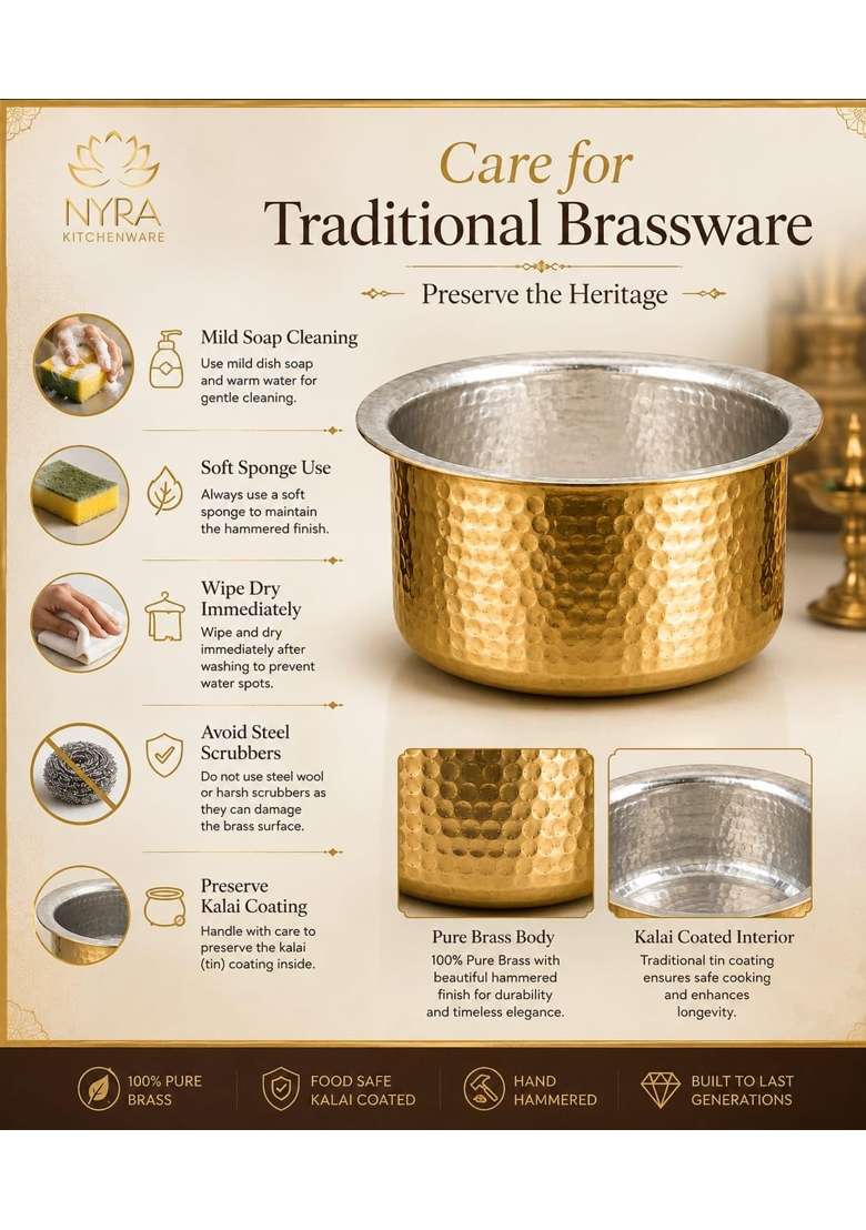 NYRA Kitchenware Pure Brass Kalai Coated Bhagona Cooking Pot with Heavy Bottom | 3 L | 3.2 Qt | Hammered Finish - Indya