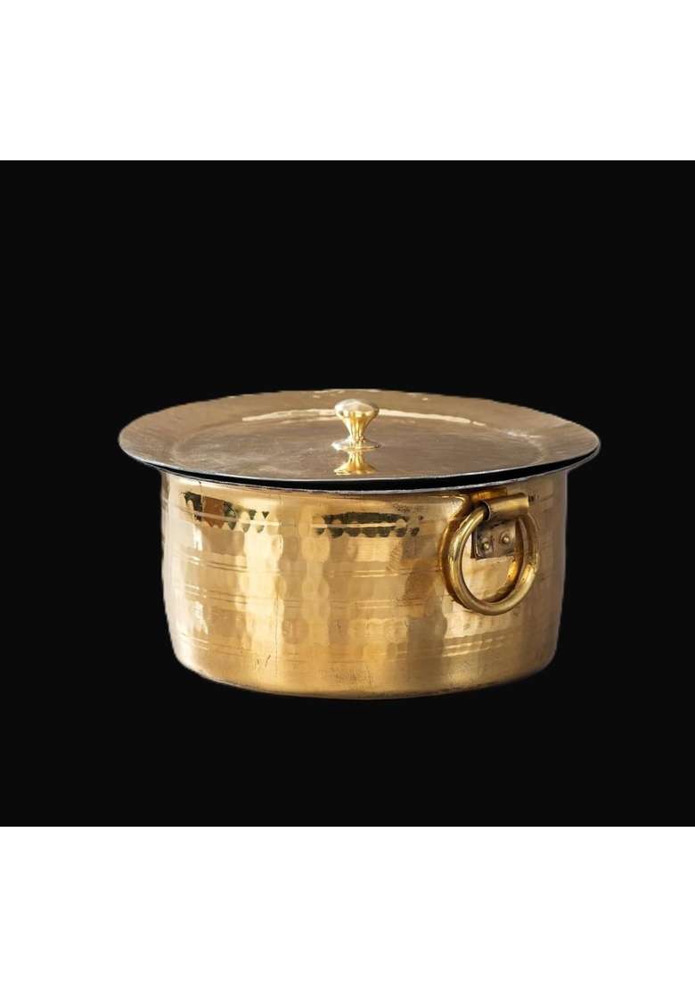 SHAAN mfg. Shaan Mfg Brass Patila for Cooking with Lid | 5 L | 5.3 Qt | Heavy Bottom | Hammered Finish - Indya